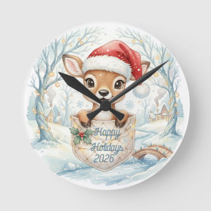 Happy New Year 2027 with Santa Deer Round Clock