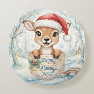 Happy New Year 2027 with Santa Deer Round Cushion