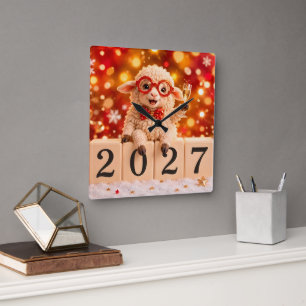 Happy New Year 2027 Year of the Goat Sheep Square Wall Clock