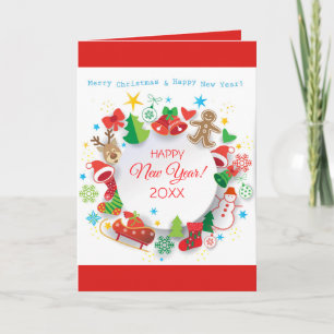 Happy New Year 20XX & Christmas Characters Holiday Card