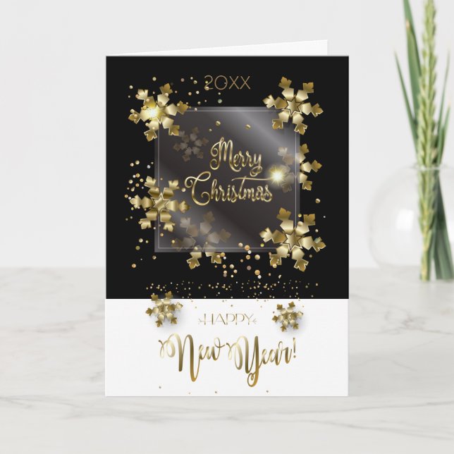 Happy New Year 20XX & Gold Christmas Characters Holiday Card (Front)