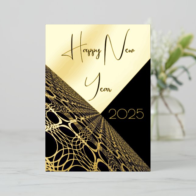 Happy New Year 20xx modern gold lace on black bg (Standing Front)