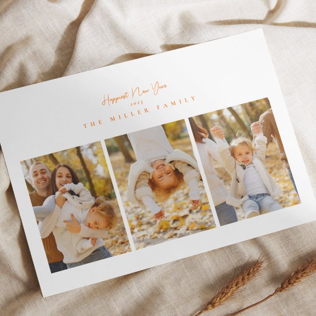 Happy new year 25 minimal 4 photo collage orange  holiday card (Creator Uploaded)