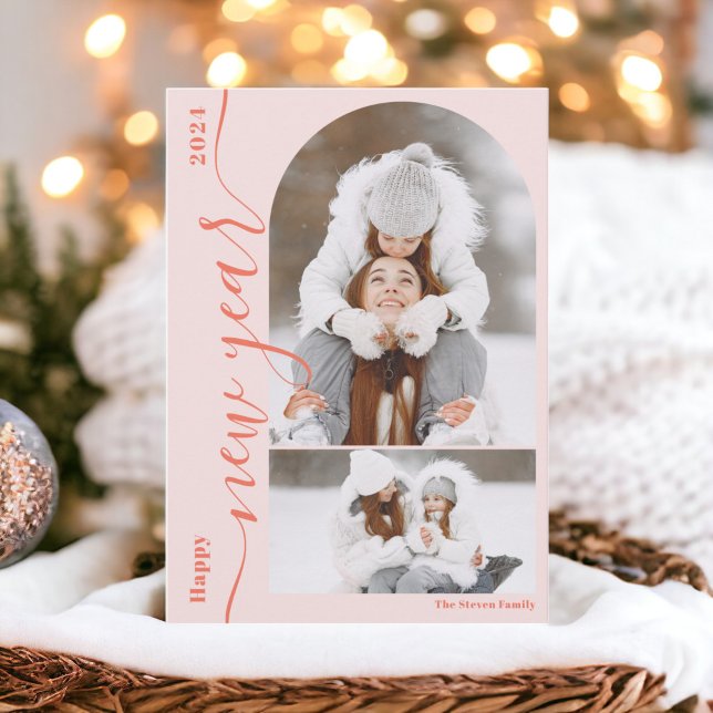 Happy New Year 3 photo arch modern script  orange  Holiday Card (Happy New Year 3 photo arch modern script orange Holiday Card)