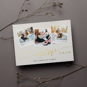 Happy New Year 3 Photo Collage Foil Holiday Card