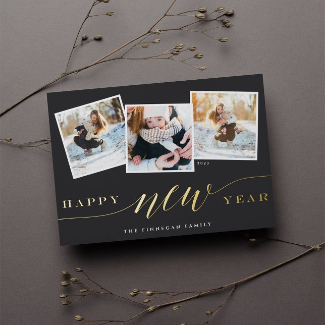 Happy New Year 3 Photo Collage Foil Holiday Card (Creator Uploaded)