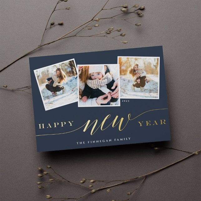 Happy New Year 3 Photo Collage Foil Holiday Card (Creator Uploaded)