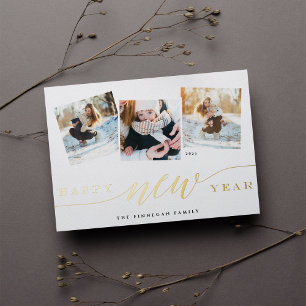 Happy New Year 3 Photo Collage Foil Holiday Card