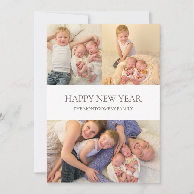 Happy New Year 3 Photo Modern Elegant Simple Holiday Card (Front)