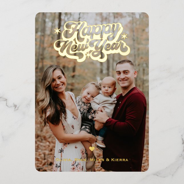 Happy New Year 3 Photo Vertical Gold Metallic Foil Holiday Card (Front)