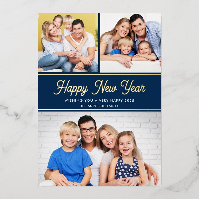 Happy New Year 3 Photos Dark Blue Gold Foil Holiday Card (Front)