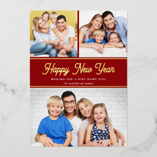 Happy New Year 3 Photos Red Gold Foil Holiday Card