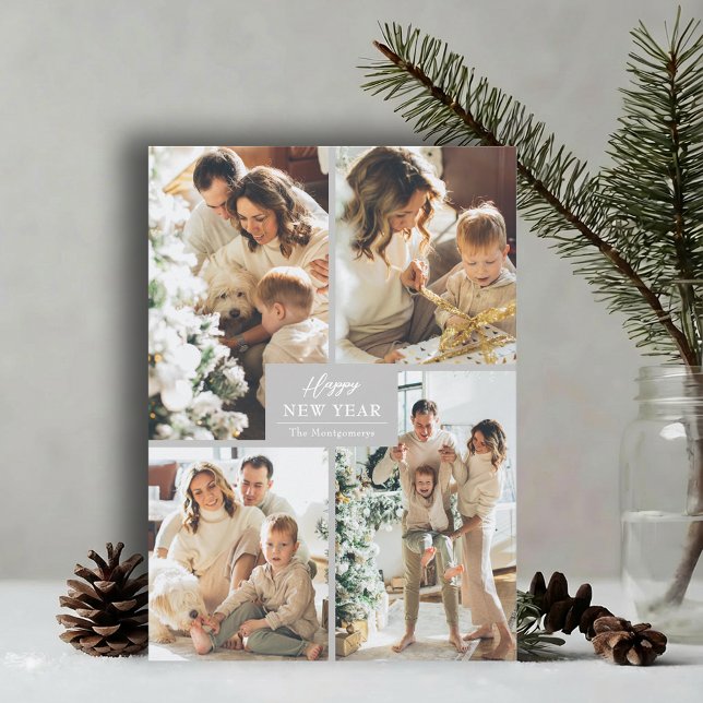 Happy New Year 4 Photo Collage Holiday Card (Happy New Year grey 4 photo collage grid holiday cards, PRINTED and/or INSTANT DOWNLOAD)