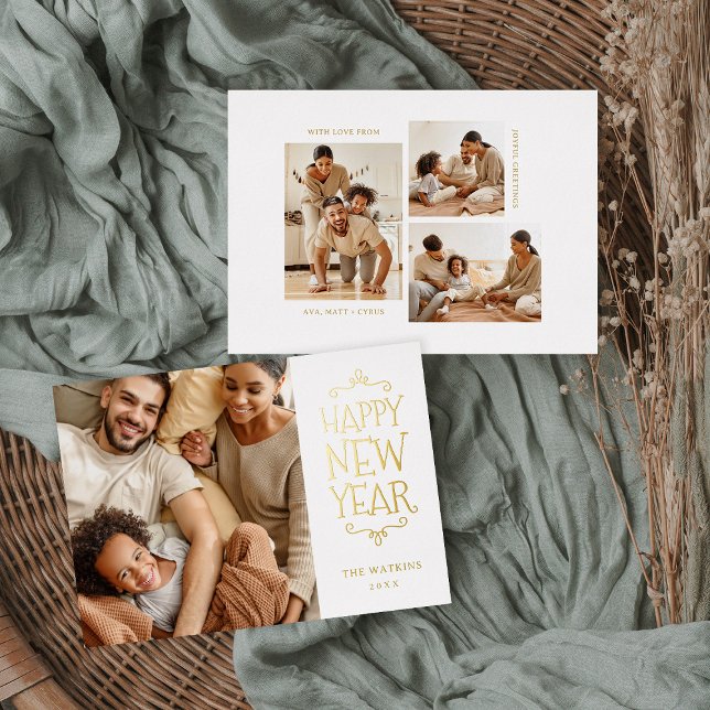 Happy New Year 4 Photo Foil Holiday Card (Creator Uploaded)