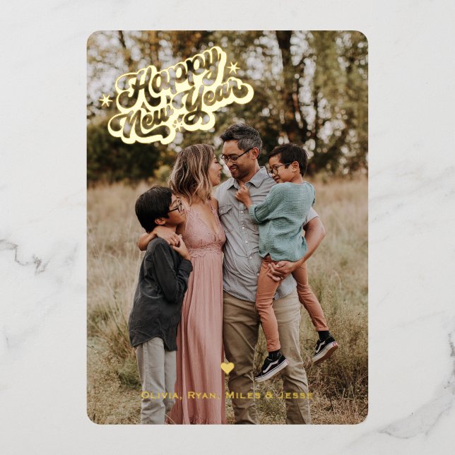Happy New Year 4 Photo Vertical Gold Metallic Foil Holiday Card (Front)
