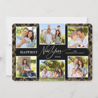 Happy New Year 6 Photos Faux Glitter Holiday Card