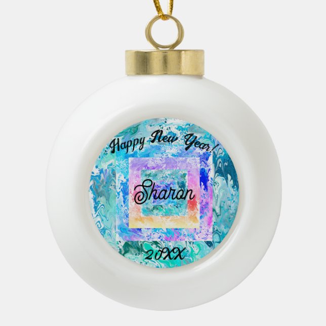 Happy New Year Abstract Art Family  Ceramic Ball Christmas Ornament (Front)