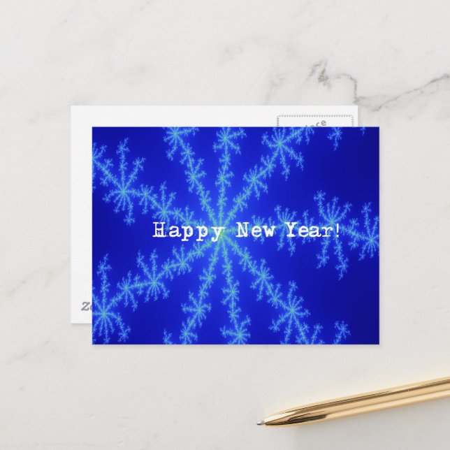Happy New Year Abstract Blue Snowflake Postcard (Front/Back In Situ)