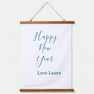 Happy new year add name love blue simple minimal h hanging tapestry