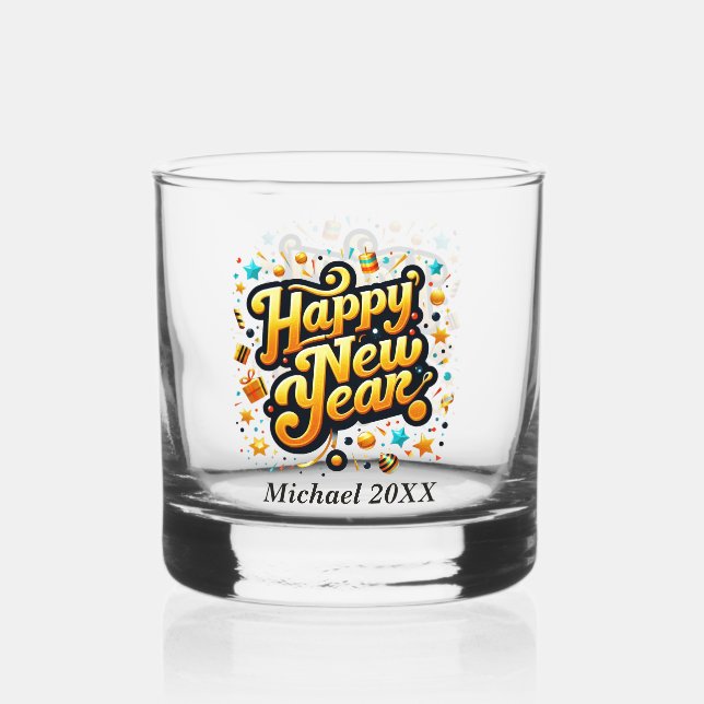 Happy New Year add name  Whiskey Glass (Front)