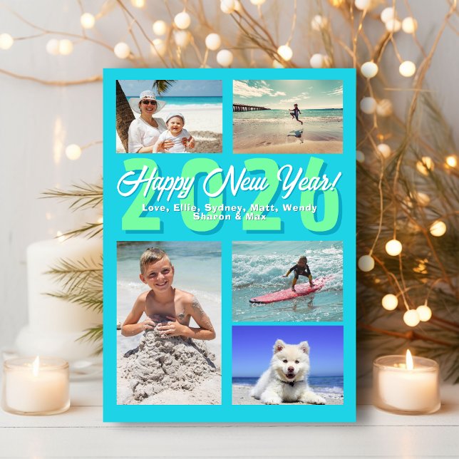Happy New Year Aqua Multi-photo Holiday Card (Creator Uploaded)