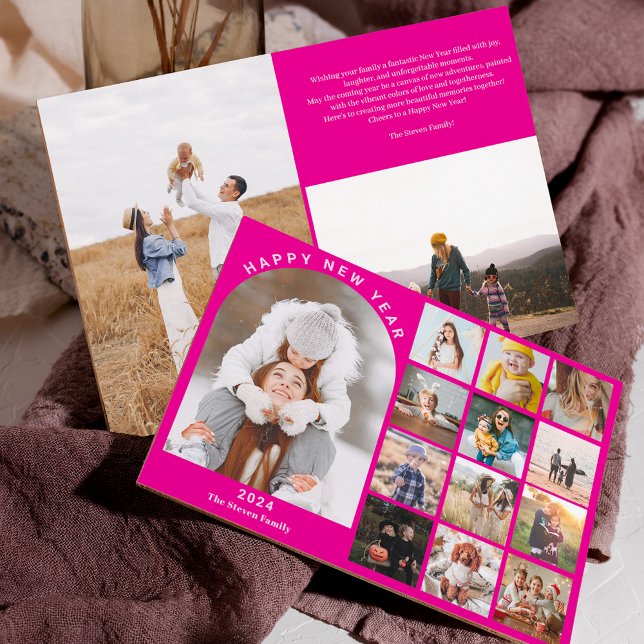 Happy New Year arch year in review 15 photos pink Holiday Card (Happy New Year arch year in review 15 photos pink Holiday Card)