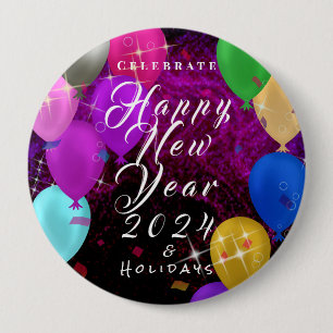 Happy New Year Balloon 10 Cm Round Badge