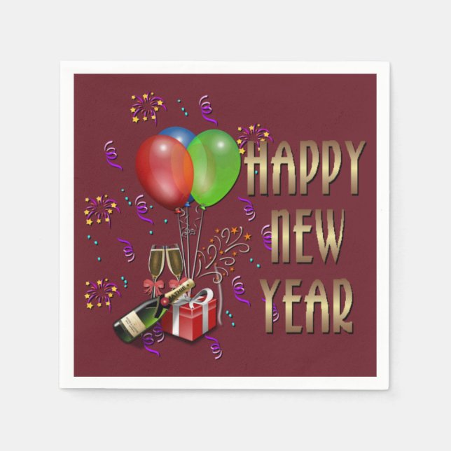 Happy New Year Balloons and Champagne Napkins (Front)