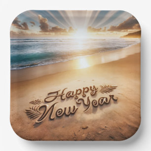 Happy New Year Beach Sunrise Paper Plate