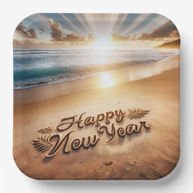 Happy New Year Beach Sunrise Paper Plate (Front)