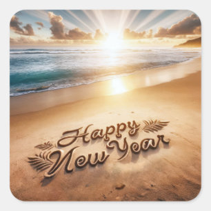Happy New Year Beach Sunrise Square Sticker