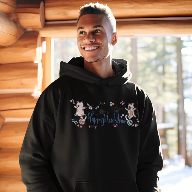 Happy New Year Between Kittens Balanced On A Yarn  Hoodie (Happy New Year Between Kittens Balanced On A Yarn Hoodie)