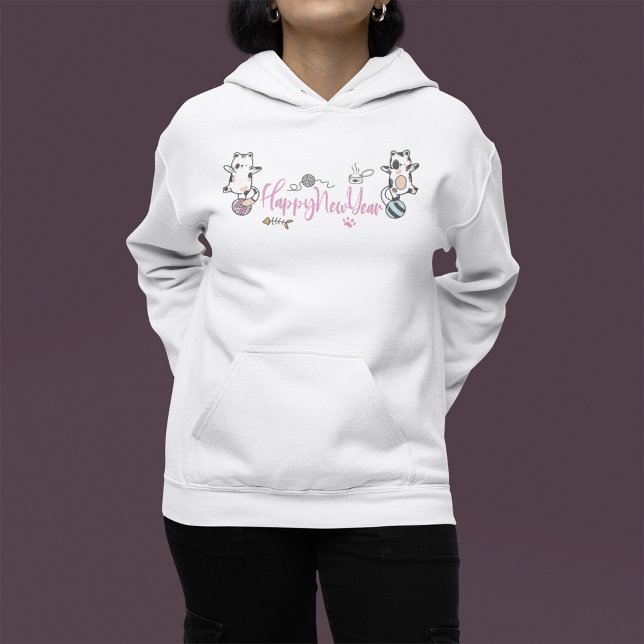 Happy New Year Between Kittens Balanced On A Yarn  Hoodie (Happy New Year Between Kittens Balanced On A Yarn Hoodie)