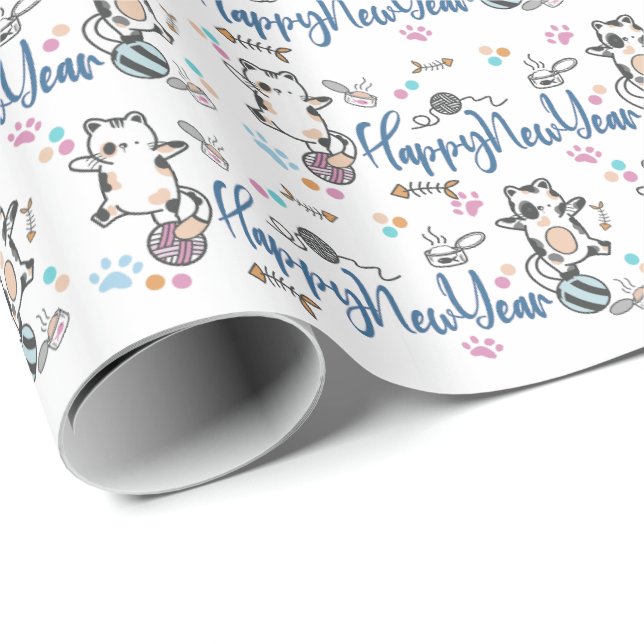 Happy New Year Between Kittens Balanced On A Yarn  Wrapping Paper (Roll Corner)