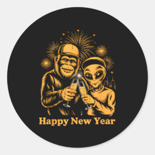 Happy New Year Bigfoot And Alien Sasquatch Firewor Classic Round Sticker