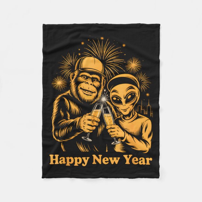 Happy New Year Bigfoot And Alien Sasquatch Firewor Fleece Blanket (Front)