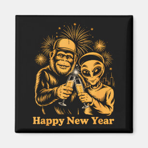 Happy New Year Bigfoot And Alien Sasquatch Firewor Magnet