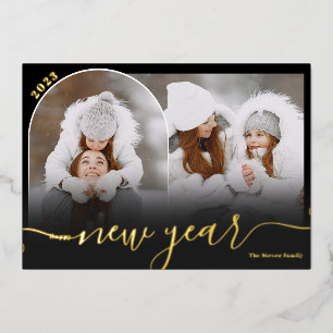 Happy New Year black 2 photo arch overlay collage Foil Holiday Card