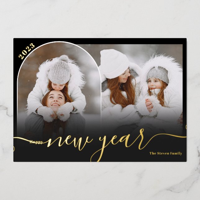 Happy New Year black 2 photo arch overlay collage Foil Holiday Card (Front)