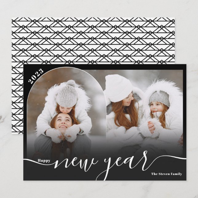 Happy New Year black 2 photo arch overlay collage Holiday Card (Front/Back)