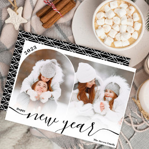 Happy New Year black 2 photo arch overlay collage Holiday Card