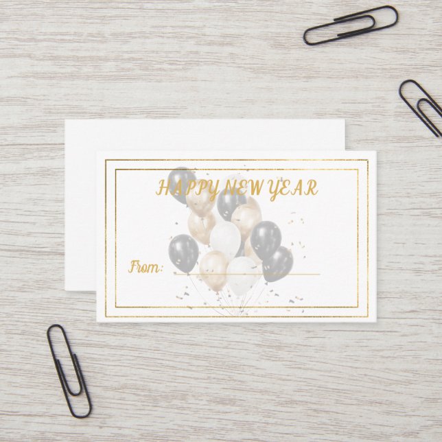 Happy New Year Black and Gold Balloons Gift Card (Front/Back In Situ)
