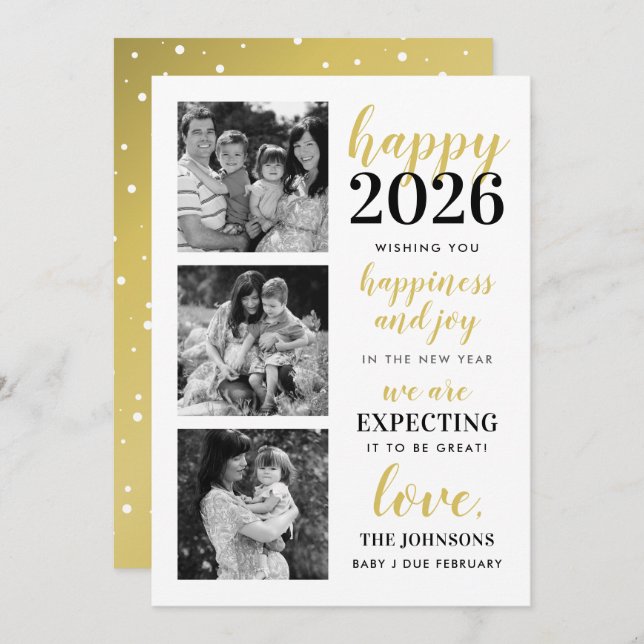 Happy New Year Black and Gold Expecting in 2024 Holiday Card (Front/Back)