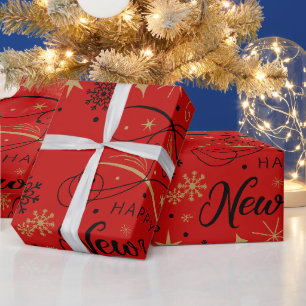Happy New Year Black and Gold Snowflake Wrapping Paper