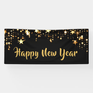 HAPPY NEW YEAR Black and Gold Stars Banner