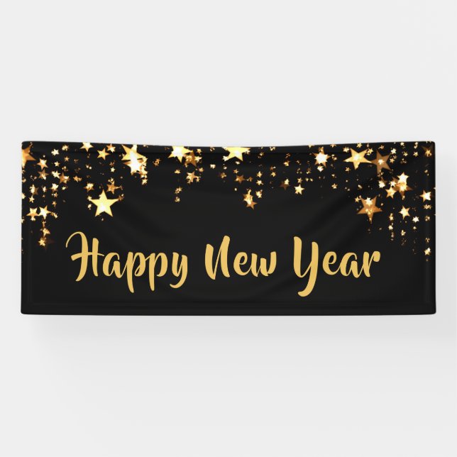 HAPPY NEW YEAR Black and Gold Stars Banner (Horizontal)