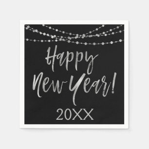 Happy New Year Black and Silver Foil String Lights Napkin