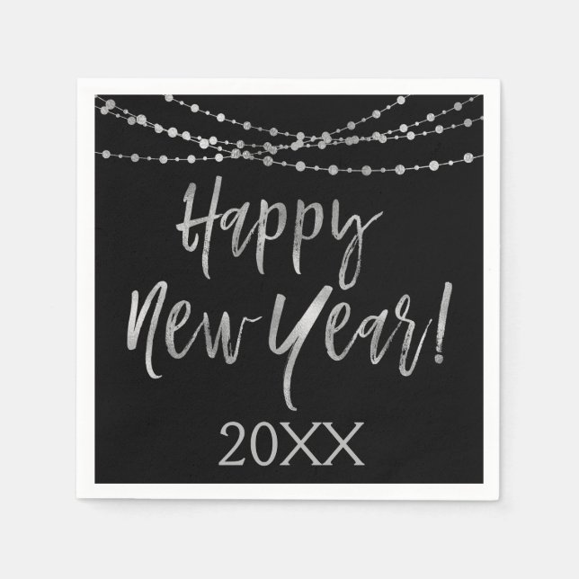 Happy New Year Black and Silver Foil String Lights Napkin (Front)