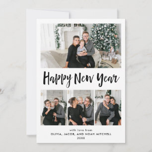 Happy New Year Black and White Multi Photo Grid Holiday Card