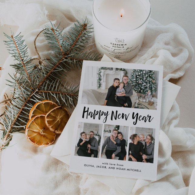Happy New Year | Black and White Multi Photo Grid Holiday Postcard (Creator Uploaded)